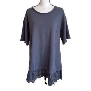 Easel Gray Ruffled Eyelet Hemmed Top  - Medium